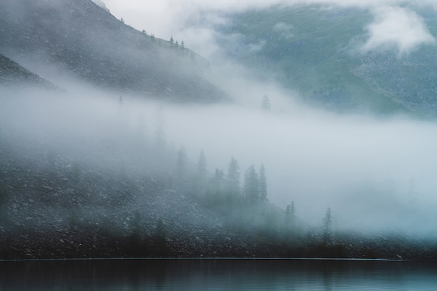 Dense fog above tranquil mountain lake