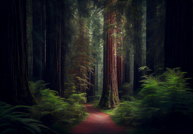 Dense forest in California many sequoias AI generated image