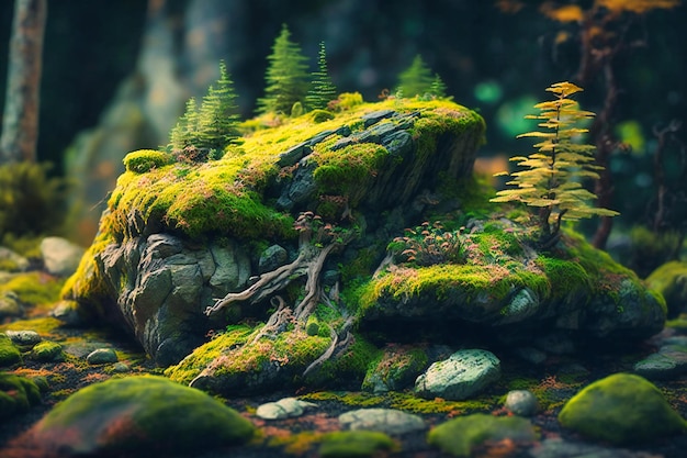 A dense forest scene with emerald green moss and lichen covering rocks and trees