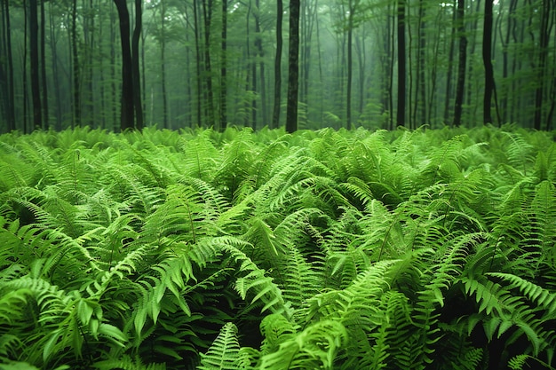 A dense forest of vibrant green ferns swaying gently in the breeze creating an enchanting and lush