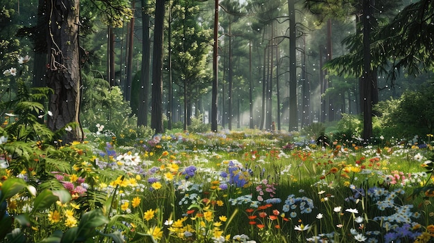 Dense forest with a carpet of wildflowers