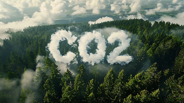 Photo a dense forest with a large white cloud shaped like the letters co2 floating above it