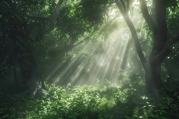 A dense forest with sunlight streaming through the branches