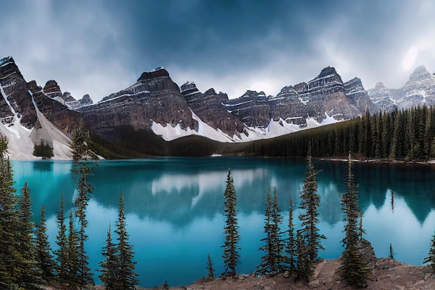 Dense forests surrounding clear waters of mountain lake