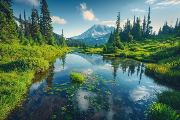 Dense Green Trees Mount Rainier Reflection Pond