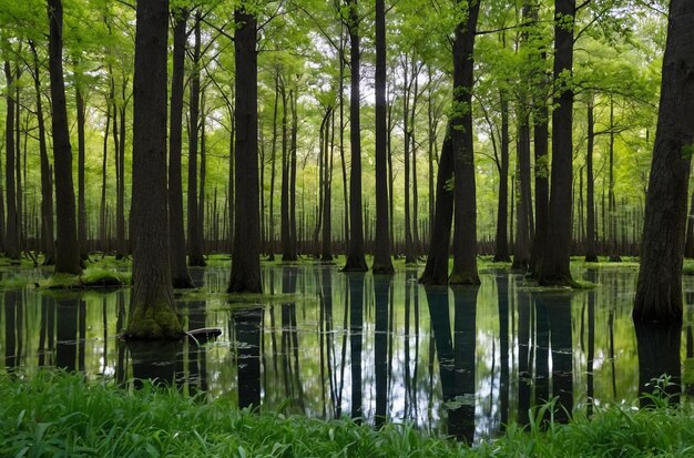 A dense grove of trees surrounding a crystalclear spring