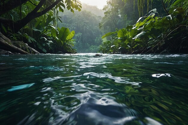 Photo a dense jungle river with overhanging vines and cryst