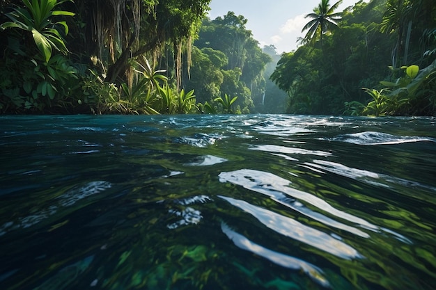 Photo a dense jungle river with overhanging vines and cryst