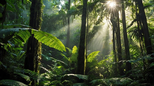 dense jungle with bright sunlight shining through the trees