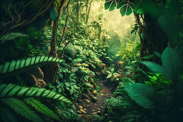 A dense jungle with green foliage and lush undergrowth