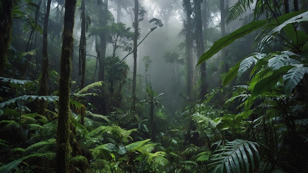 a dense jungle with tall trees