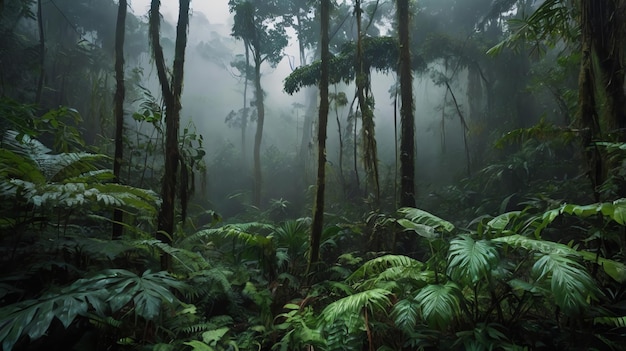 a dense jungle with tall trees