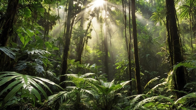 a dense jungle with tall trees