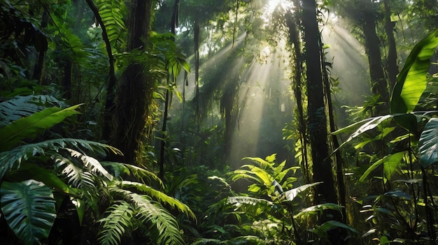 a dense jungle with tall trees