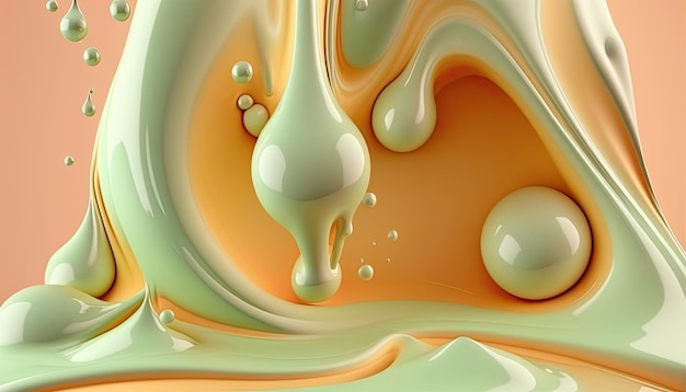 Dense liquid of mixed colors splashing and forming droplets in the air on color background Illustration for wallpaper Generative AI