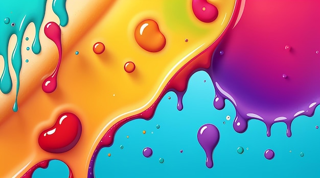 Dense liquid of mixed colors splashing and forming droplets on colorful modern abstract background