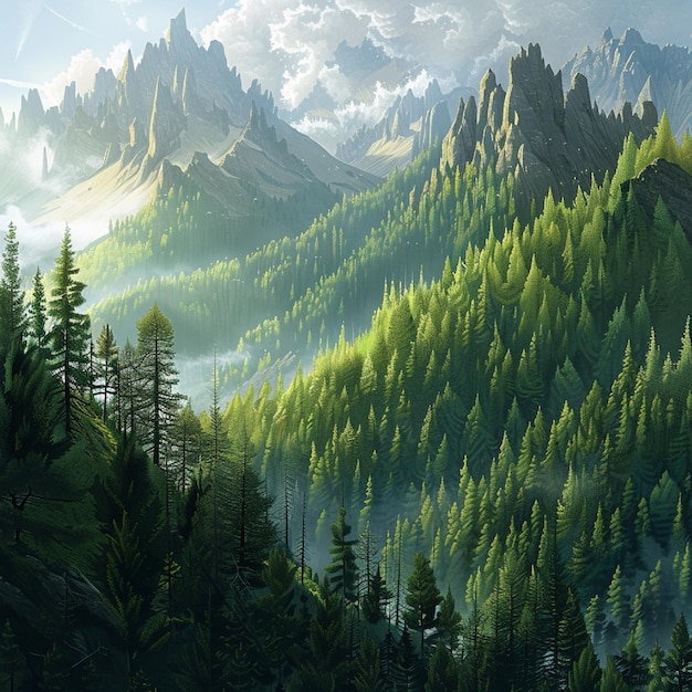 A dense pine forest at the base of a towering mountain range