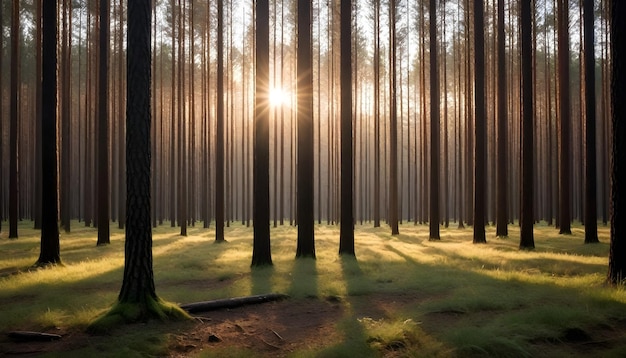 dense pine forest with low standing morning sun against the light