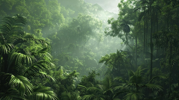 Dense rainforest towering trees vibrant green foliage misty atmosphere