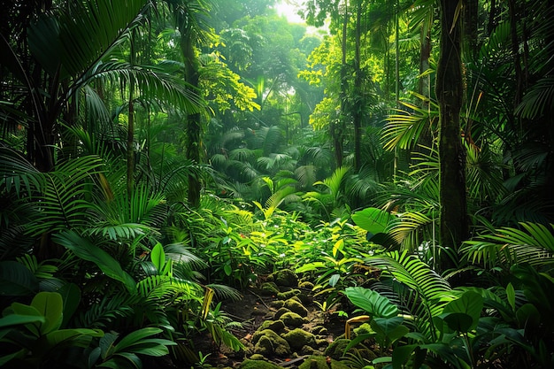 A dense rainforest with tall trees and lush foliage photographed