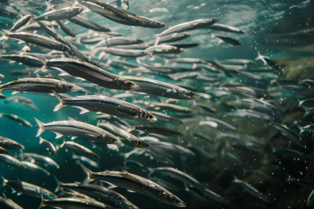 Photo a dense school of slender fish swimming gracefully in the clear blue water surrounded by tiny bubbles and a hint of coral in the background