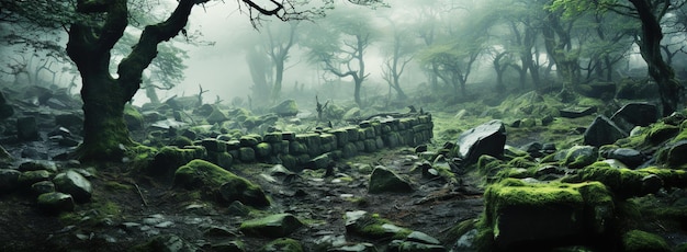 The dense slumberous forest with trees among mosscovered stones in the morning mist a deserted abandoned place