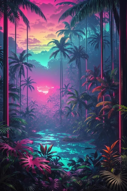 A Dense Tropical Forest With Synthwave Aesthetic Scenes From A Panoramic Point Of View