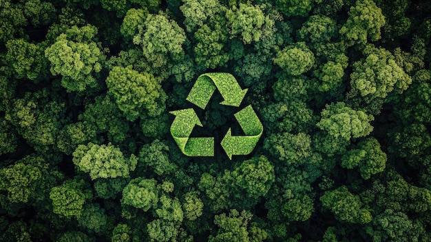 Photo a dense vibrant green forest with a large recycle symbol