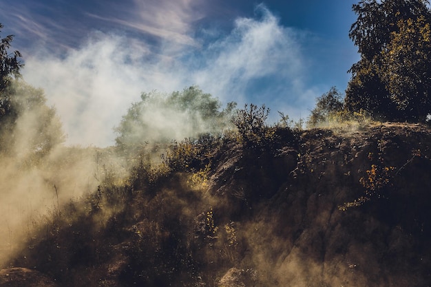 Dense White Smoke Rising from the Raging Wildfire