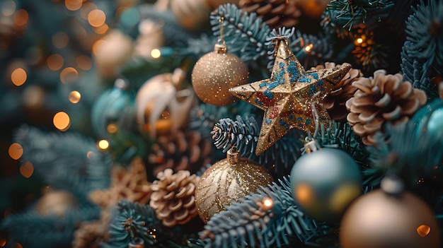 A densely decorated Christmas tree