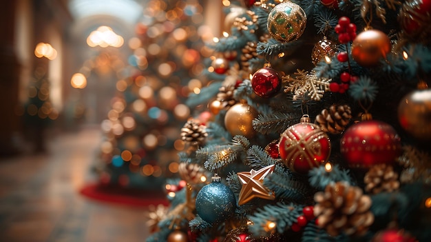 A densely decorated Christmas tree