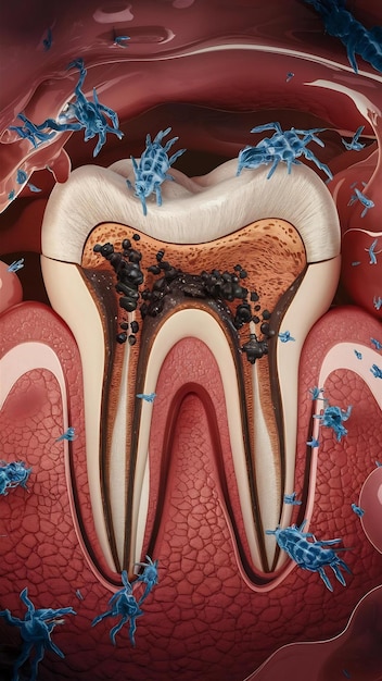 Photo dental caries or cavities are areas of tooth decay caused by acidproducing bacteria in the mouth