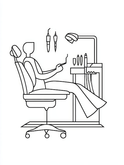 Dental Chair Line Art Illustration A simple line drawing depicting a dental chair with a pati