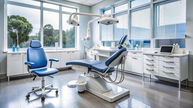 a dental chair with a blue chair and a large window