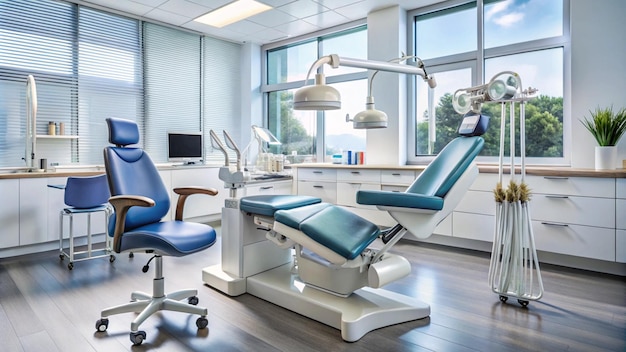 a dental chair with a blue chair and a window