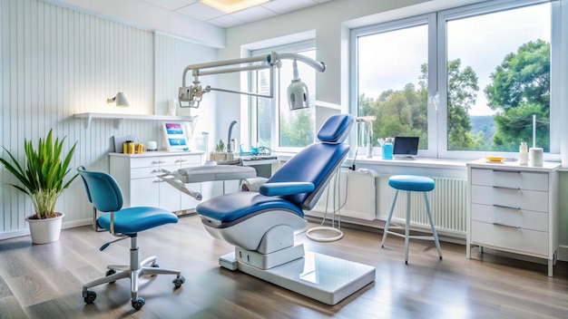 a dental chair with a blue seat and a laptop on it