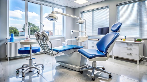 a dental chair with a blue seat and a large window