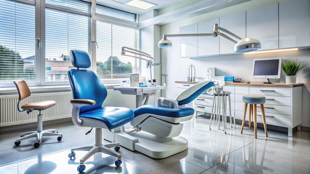 a dental chair with a blue seat and a white chair