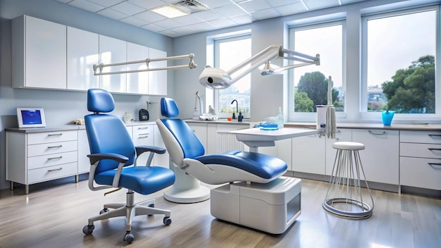 a dental chair with a blue seat and a white chair