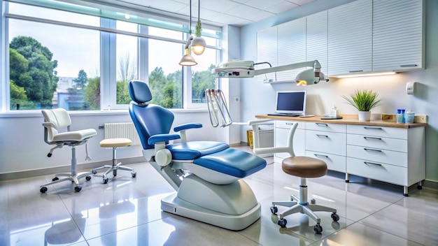 a dental chair with a blue seat and a white countertop