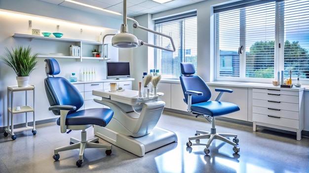 a dental chair with blue and white chairs and a desk with a light on it