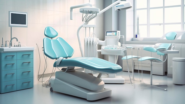 a dental chair with a blue and white dental chair and a window