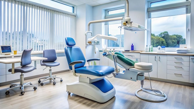 a dental chair with a blue and white seat