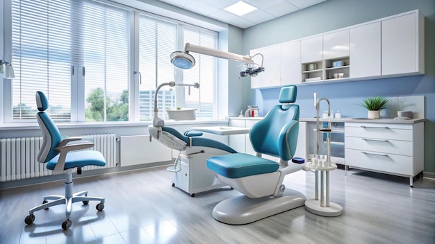 a dental chair with a blue and white seat