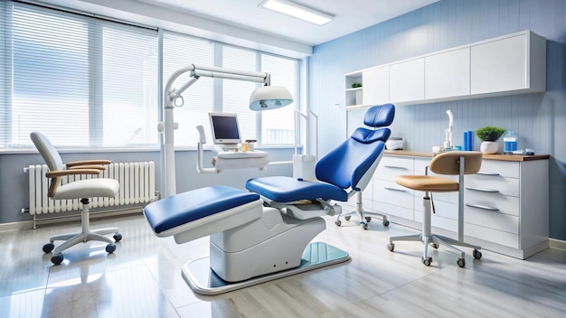 a dental chair with a laptop on it