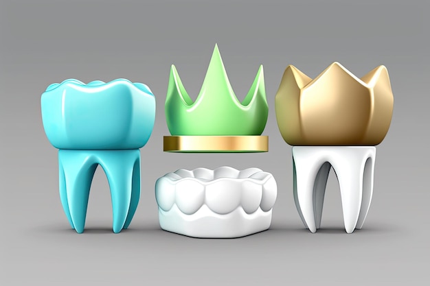 Dental crowns in various materials gold amalgam and composite in a gums