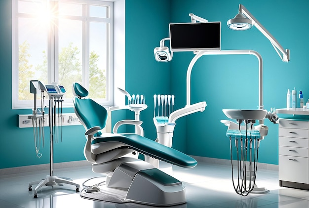 Dental equipment in dentist room in new modern stomatological clinic office Background of interior dental accessories used by dentists in blue medic color Copy space text place