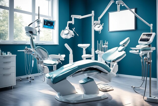 Dental equipment in dentistry room in new modern stomatological clinic office Background of interior dental chair and accessories used by dentists in blue color Copy space text place