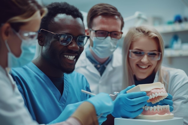 Photo dental experts in lab coats examining dental prosthesis in modern clinic