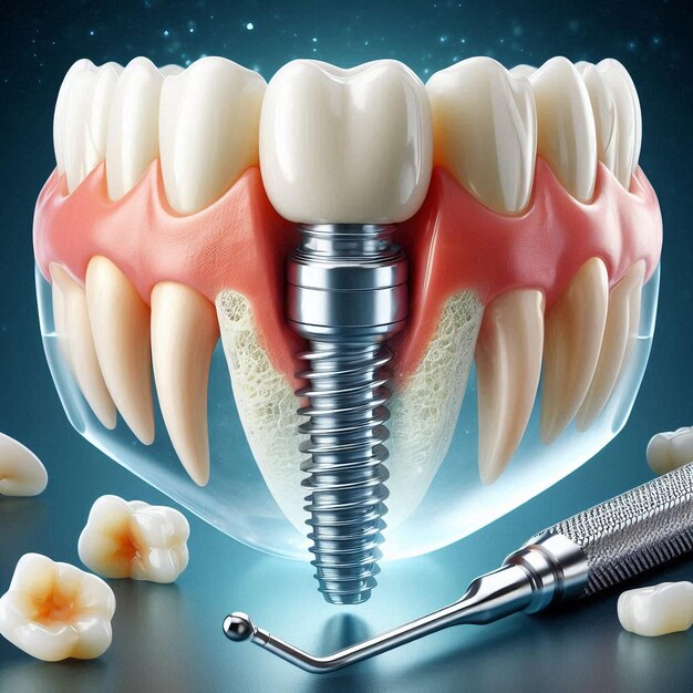 Photo dental implant fusion with natural teeth structure and integration process